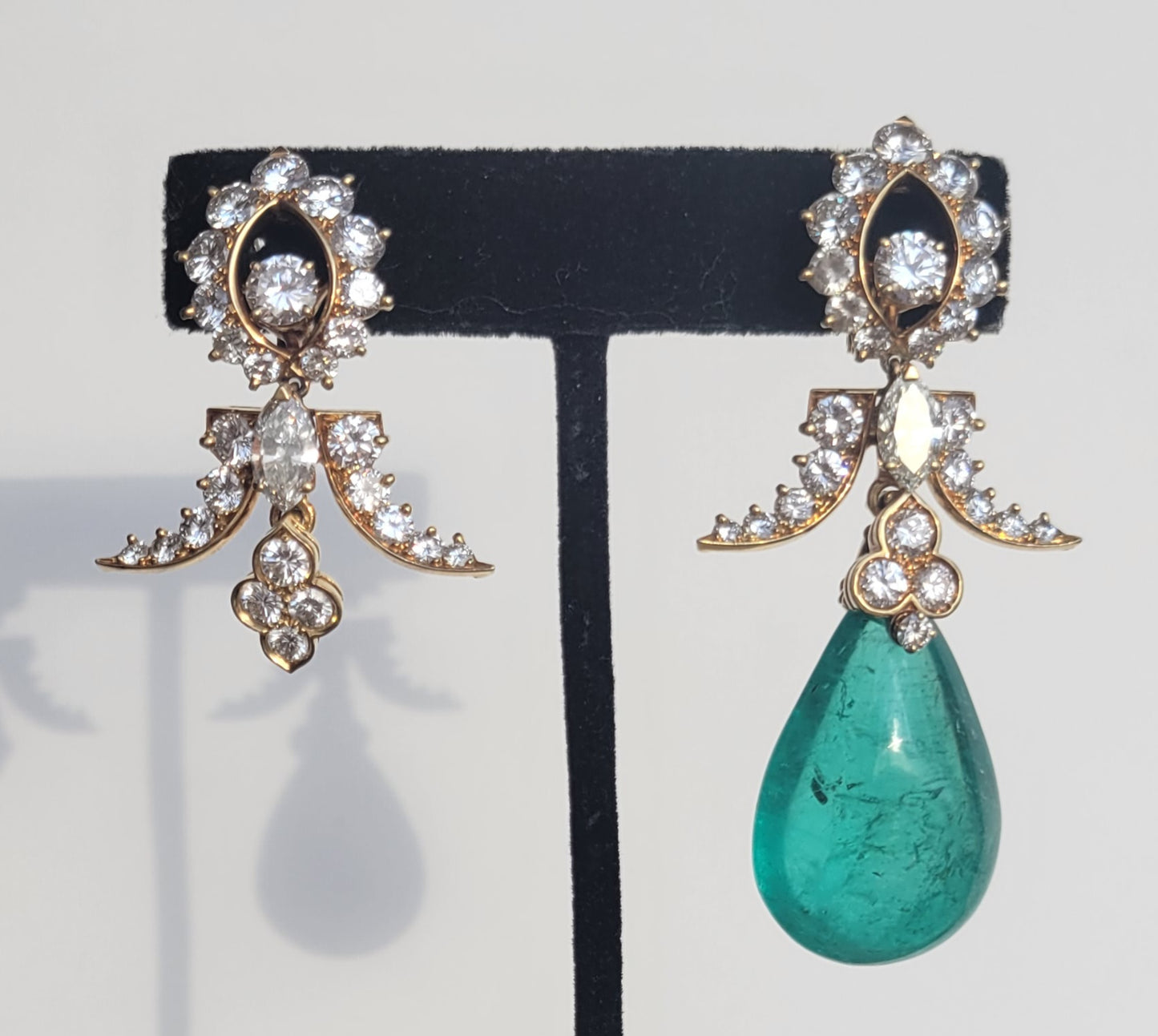 99-14 | 18KY 2 Emerald 42.62ct & 45.90ct with Ruby & Diamond, & Diamond Interchangeable Tops Earrings with SSEF Certs