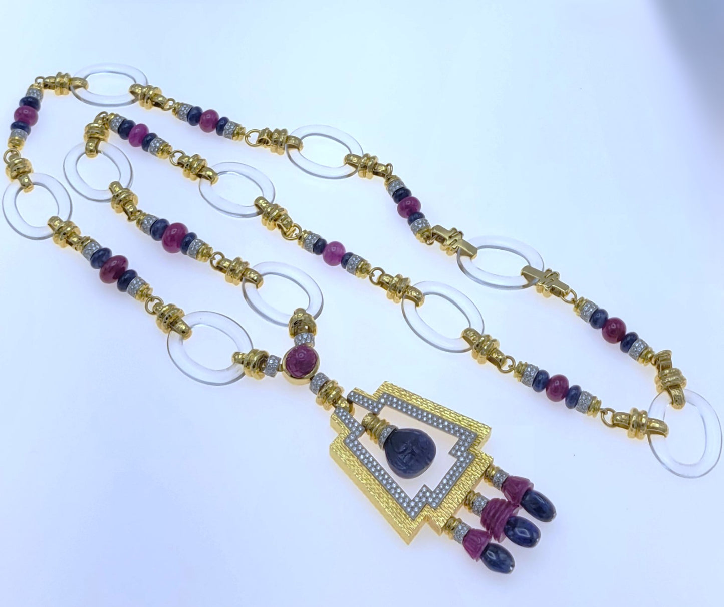 33-395 | Platinum & 18ky Rock Crystal, Diamond @ 14.43ct, & Carved Ruby/Sapphire David Webb Necklace