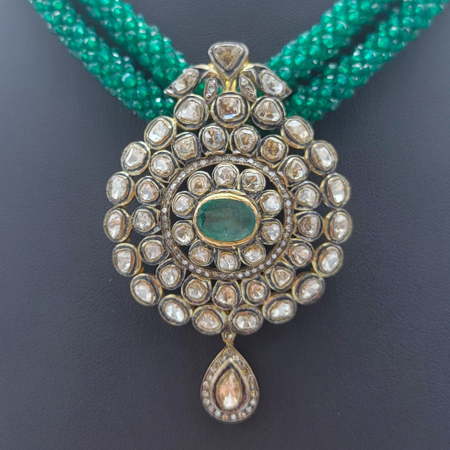 462-6 | 18ky & Sterling Silver Woven Emerald Bead Necklace with Diamond Pendant