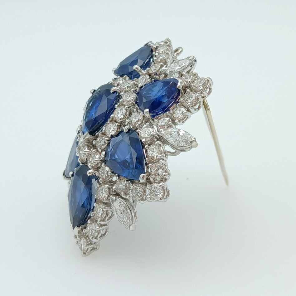 173-351 | 18kw 7 Pear Shaped Sapphire and Diamond Flower Brooch