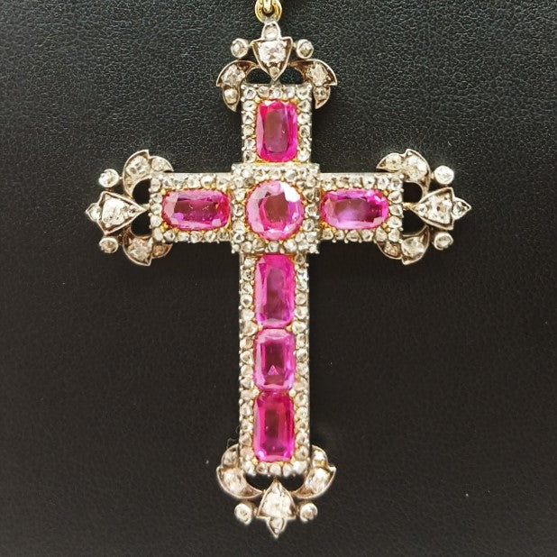 99-260 | 18ky and Sterling Silver Antique Burmese Ruby and Diamond Cross Circa 19th Century