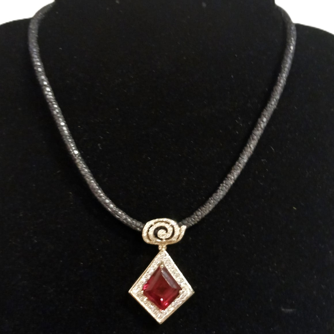 297-39 | 18kWG Rubellite Pendant 15.56 cts with Diamonds D:1.83cts on Black Leather Textured Cord