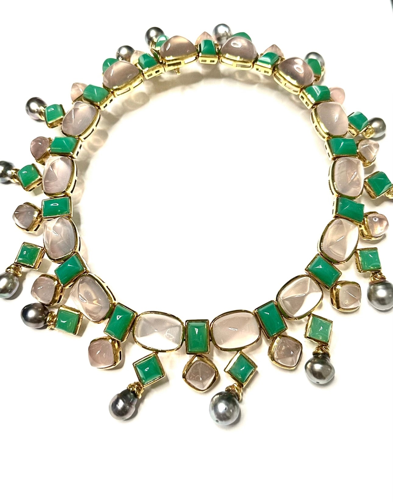226-1 ODIEX | Tony Duquette Chrysoprase Rose Quartz Tahitian Pearl 18KYG Necklace
