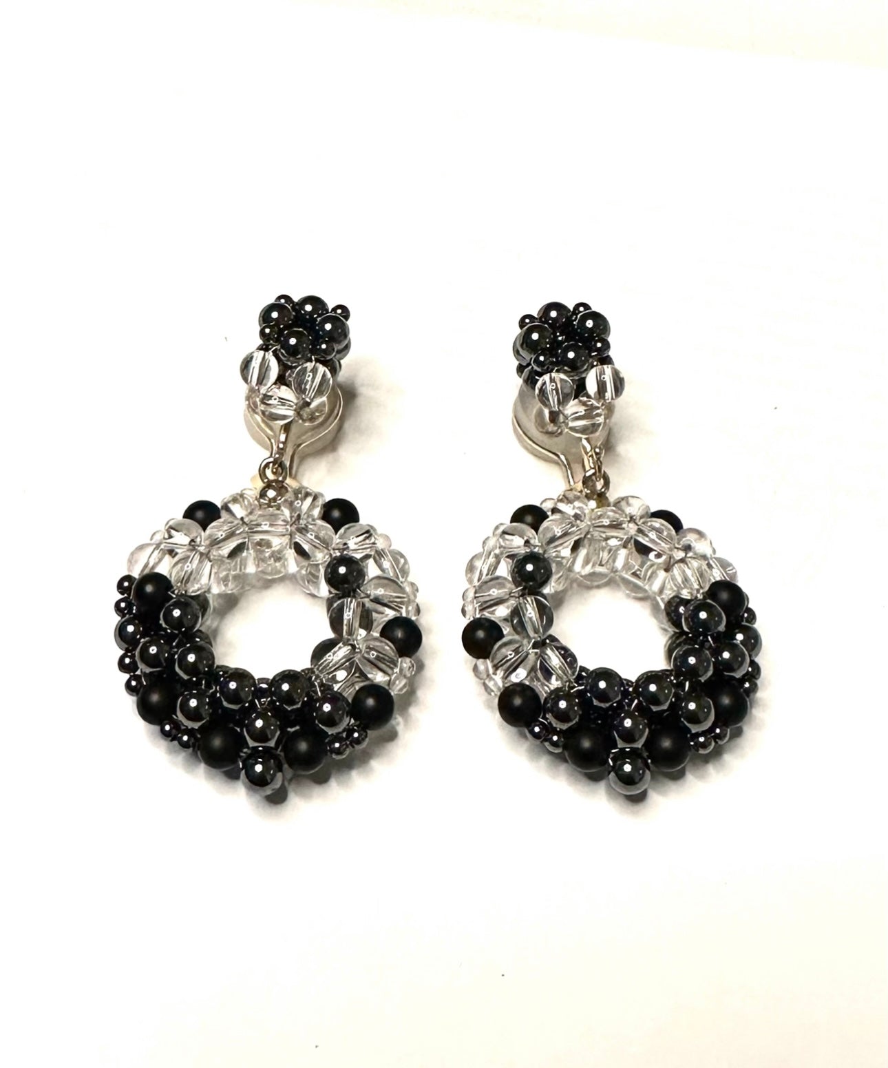 243-2 FLEX | Octavia Hoop Earrings, Hematite, Rock Crystal, Onyx