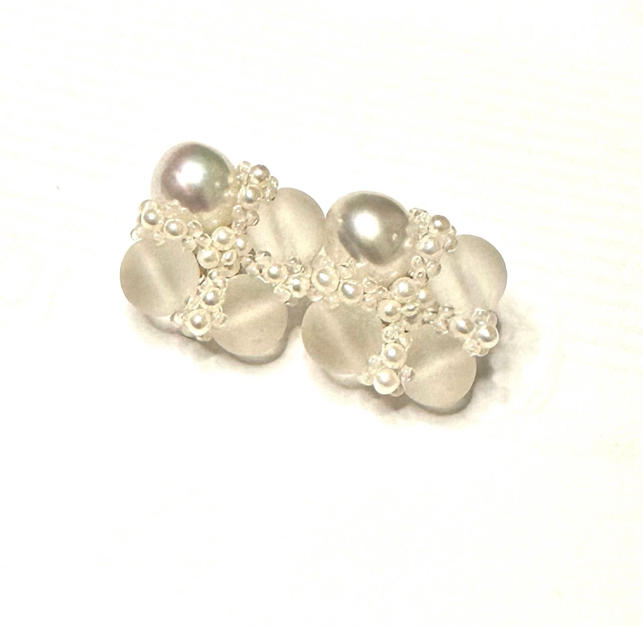 243-4 OREX | 18KWG Frosted R. Crystal S. Sea Pearl Ear Clips
