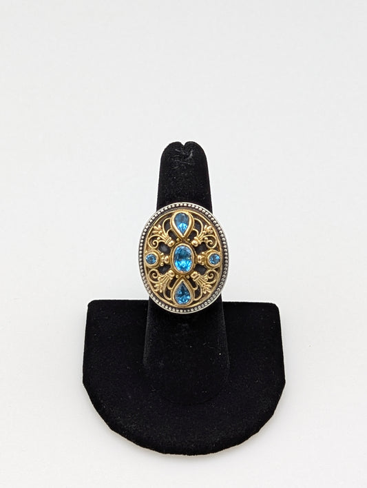 381-35 FEIE | 18KYG/SS Geochristo Blue Topaz Filigree Ring